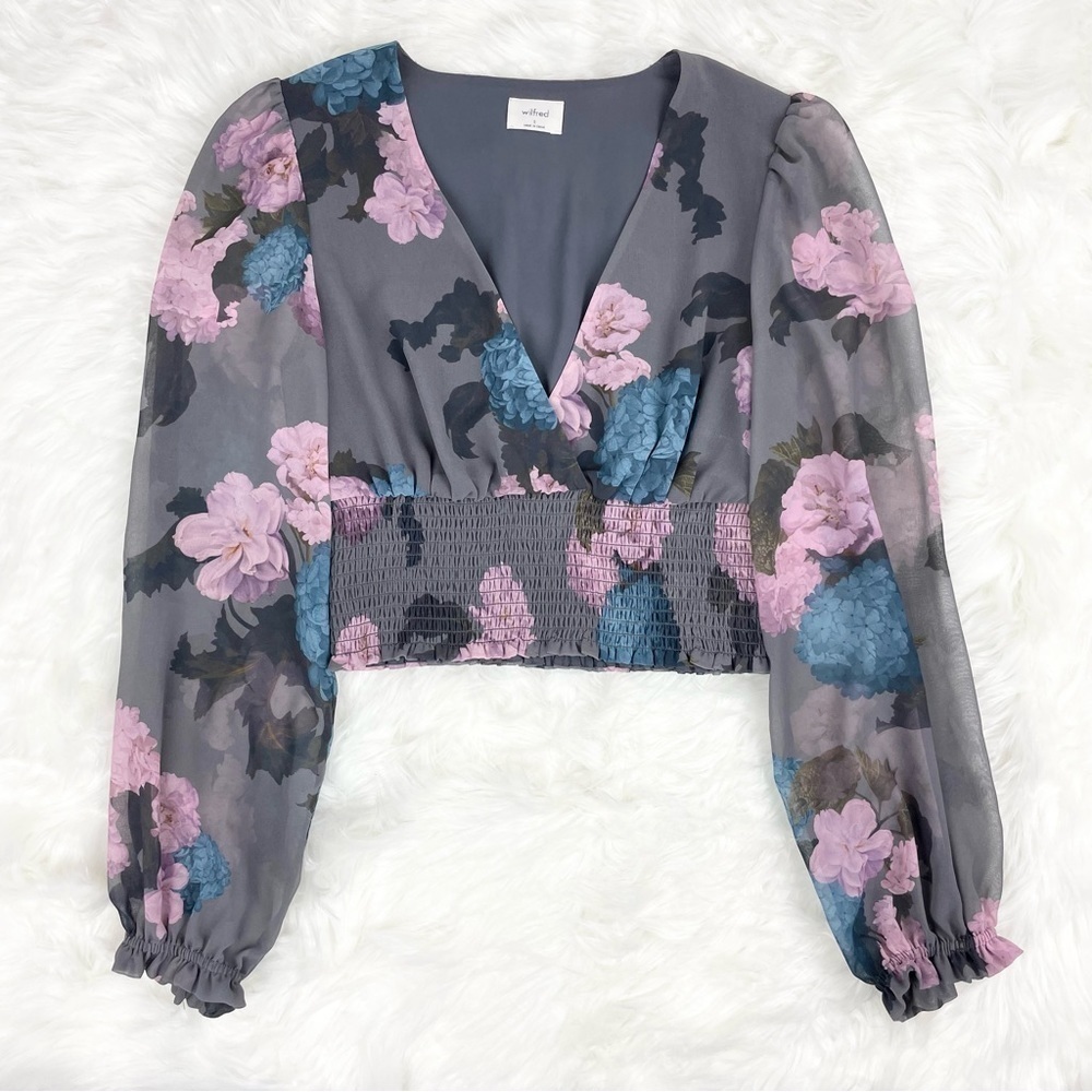 ARITZIA Wilfred Wistful Blouse Smocked V-neck Floral Long Sleeve